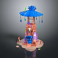 Decorative Tower Structure With Blue Roof Wooden Base Colorful Decorations And Hanging Tassels