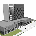 Modern Office Building Featuring Stone Facade Glass Curtain Wall Entrance Columns And Front Lawn