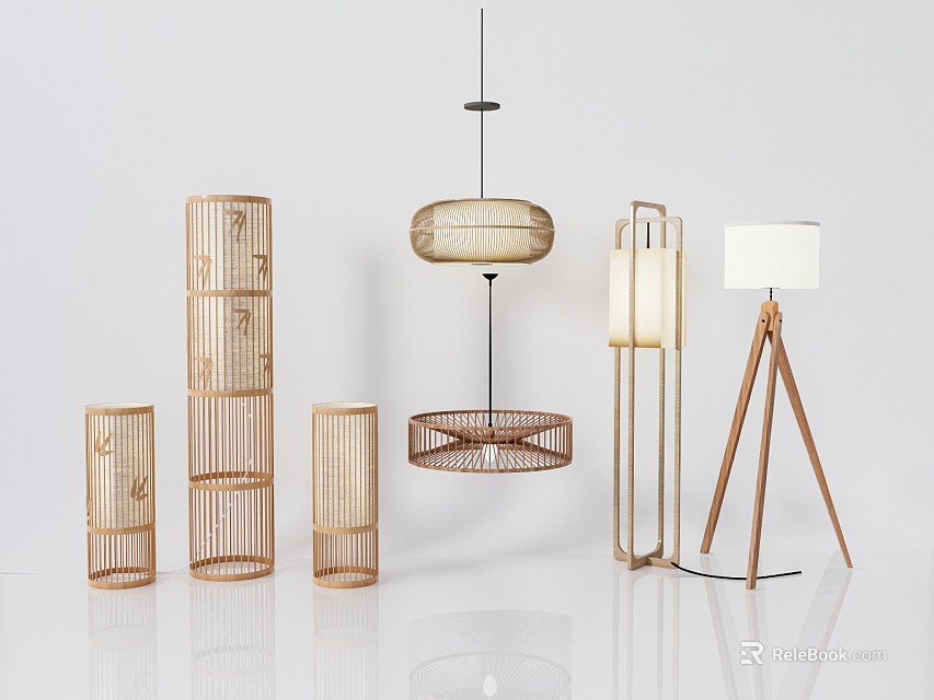 Modern Natural Bamboo and Wooden Lighting Combinations With Pendant Floor And Table Lamps 3d model 