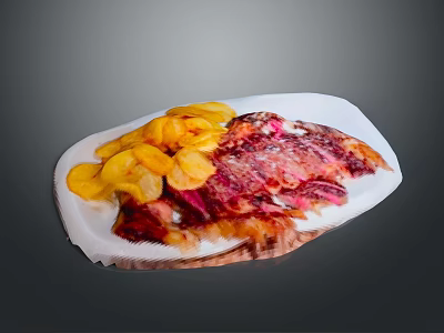 Yellow Potato Chips And Red Sliced Meat Served On White Plate 3d model