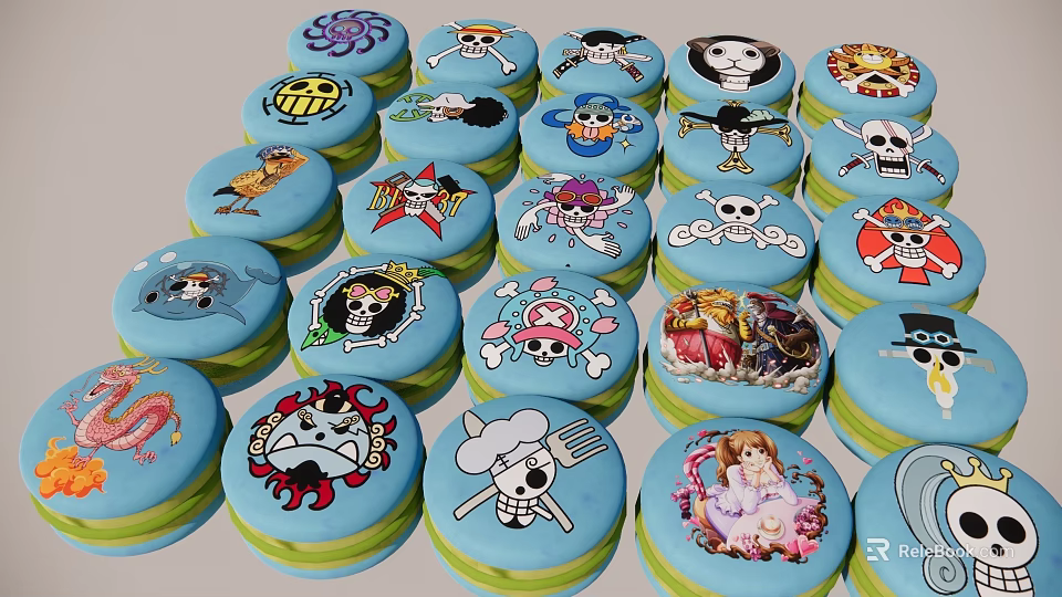 Blue Round Pendants With Multiple Cute Cartoon Designs And Green Trim 3d model 