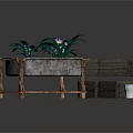 Purple Flowering Plants In Metal Planter On Wooden Stand With Wooden Crates And Metal Bucket