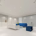 Modern Clothing Store Interior With Marble Reception Counter Blue Seating And Plants
