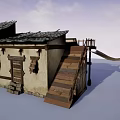 Traditional Rural Building With Stone Slab Roof Wooden Lattice Windows Wooden Door And Wooden Steps