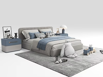 Cozy Children's Bed With Gray Blue Bedding Pillows Blanket Nightstand Lamp And Stuffed Toy 3d model