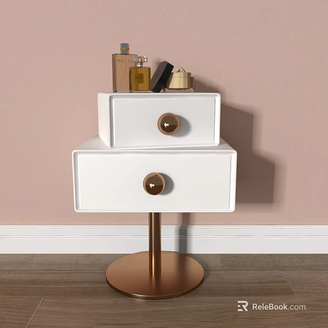 Modern White Bedside Table with Two Drawers Gold Knobs Gold Base and Decorative Items 3d model