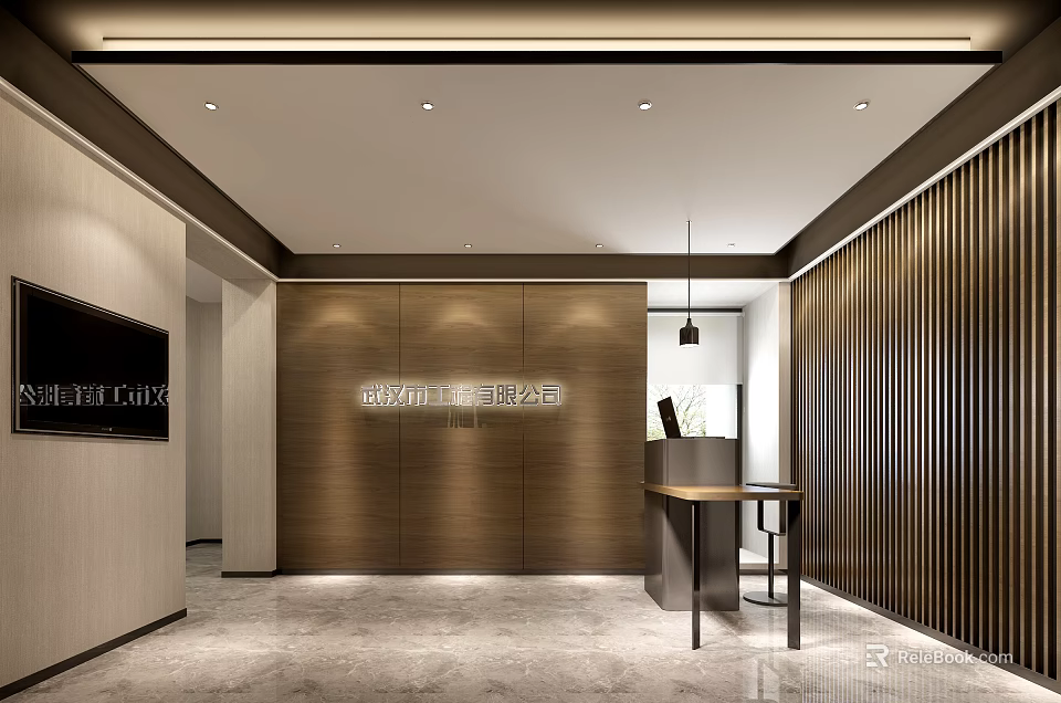 Modern Front Desk Reception Area With Wooden Panel Walls Marble Floor And Pendant Light 3d model 