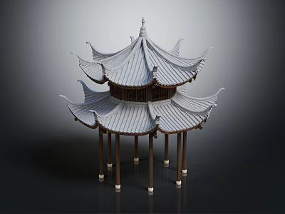 Traditional Chinese Pavilion Architecture With Two Story Overhanging Eaves And Wooden Columns 3d model