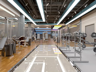 Modern Spacious Gym Interior With Various Fitness Equipment Bright Lighting And Wooden Flooring 3d model