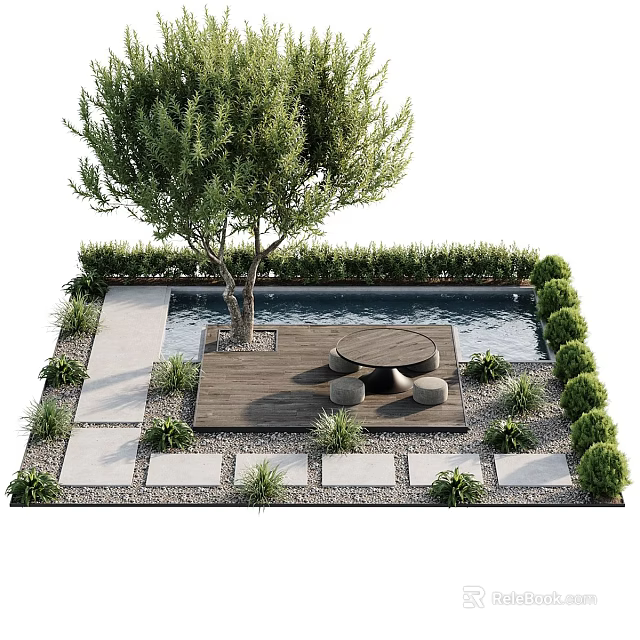 Serene Garden Landscape With Pool Wooden Deck And Circular Table 3d model