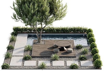 Serene Garden Landscape With Pool Wooden Deck And Circular Table 3d model