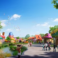 Colorful Hot Air Balloon Above Fairy Tale Town With Mushroom Houses Windmill And Lush Greenery