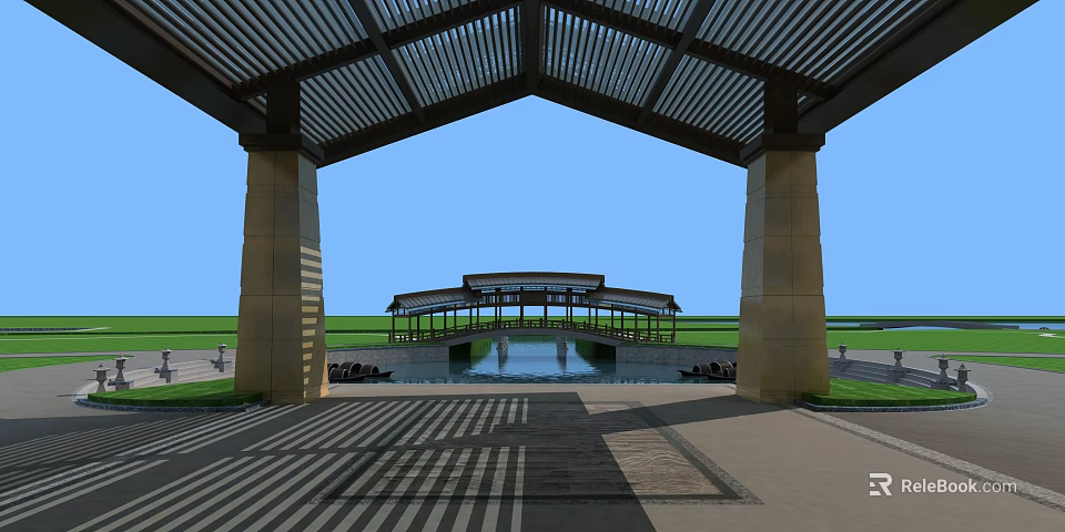Wooden Pergola Structure With Columns Water Pool And Grass Creating Natural Shadow Patterns 3d model