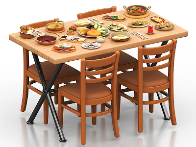 Wooden Dining Table Set with Four Chairs and Various Dishes Fruits and Bread 3d model