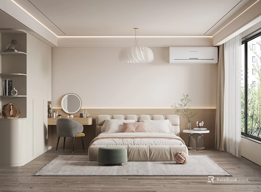 Modern Bedroom Interior With Bed Pendant Light Mirror Dressing Table And Rug 3d model