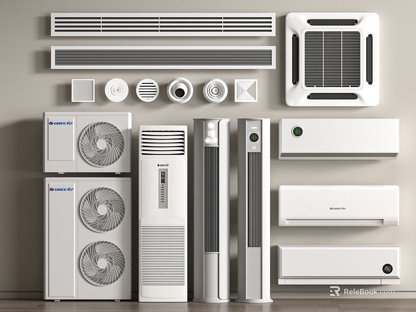 Various Types Of Air Conditioners And Fans Displayed 3d model 
