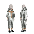 Model In Black White Striped Jumpsuit With Brown Cuffs Collar Front Back Views