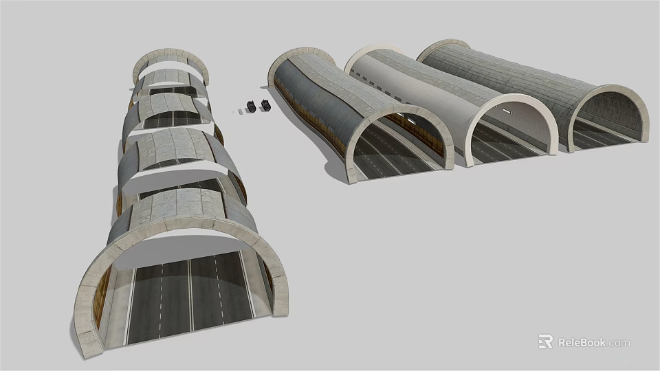 Concrete Arch Tunnel Structures With Multiple Curved Sections And Roadway Lanes 3d model 