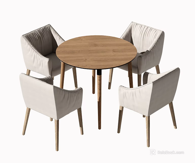 Round Wooden Dining Table With Four Light Upholstered Chairs Combination 3d model