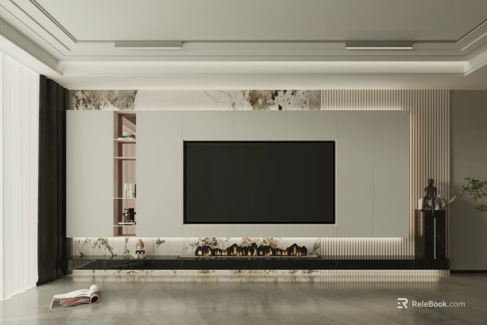 Modern Living Room Interior Design With White TV Wall Shelves Marble Accents And Gray Flooring 3d model 