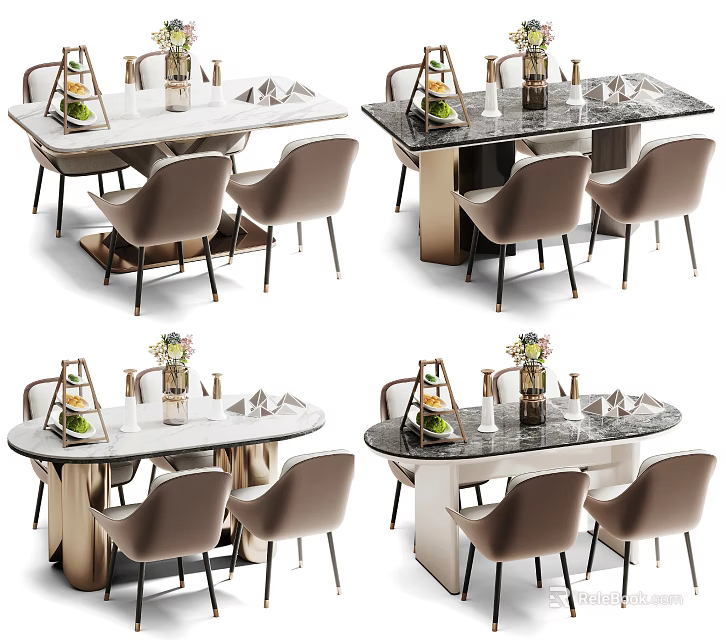 Elegant Modern Dining Table Set With Marble Top Beige Chairs And Decorative Vase 3d model 