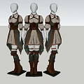 Three Fashion Models Wearing Cream Dresses With Brown Belts And Knee High Boots