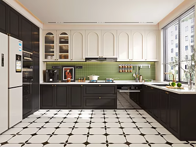 Modern Kitchen Interior With Black White Cabinets Green Backsplash Patterned Floor And Appliances 3d model