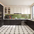 Modern Kitchen Interior With Black White Cabinets Green Backsplash Patterned Floor And Appliances 3d model