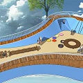 Outdoor Playground Equipment With Curved Wooden Walkways And Tire Structures For Children Playing