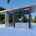 Modern Guardhouse Structure With Glass Walls And Metal Roof In Open Green Area