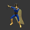 Dynamic Superhero Character in Blue Costume With Golden Helmet And Yellow Cape Spreading Arms