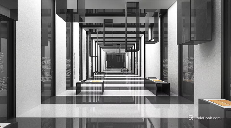 Modern Elevator Hallway With Spacious Symmetrical Layout Reflective Floor And Long Benches 3d model 