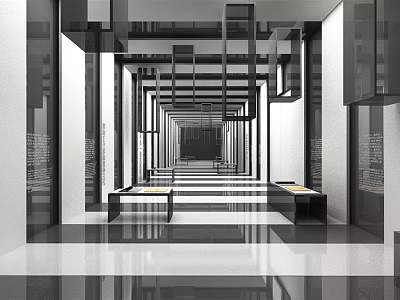 Modern Elevator Hallway With Spacious Symmetrical Layout Reflective Floor And Long Benches 3d model