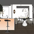 Modern Restaurant Interior With Open Concept Bar Counter Dining Table And Pendant Light