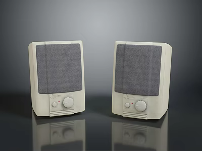 Pair of White Desktop Speakers With Control Knobs And Grilles On Black Surface 3d model