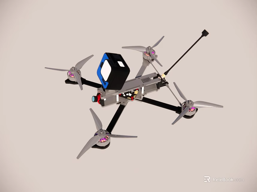 Gray Frame Drone With Four Propellers Blue Cube Component And Long Rod 3d model