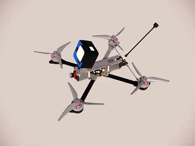 Gray Frame Drone With Four Propellers Blue Cube Component And Long Rod 3d model