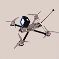 Gray Frame Drone With Four Propellers Blue Cube Component And Long Rod 3d model
