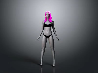 A woman with pink hair wearing black bikini standing against gray background 3d model