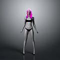 A woman with pink hair wearing black bikini standing against gray background