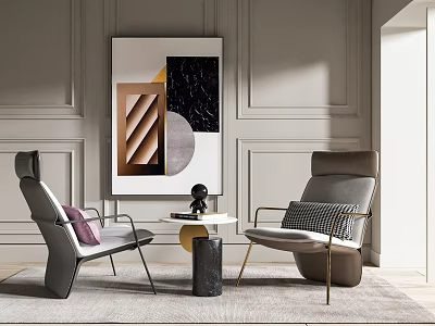 Modern Table and Chair Set with Gray Upholstery Stone Top and Abstract Painting 3d model