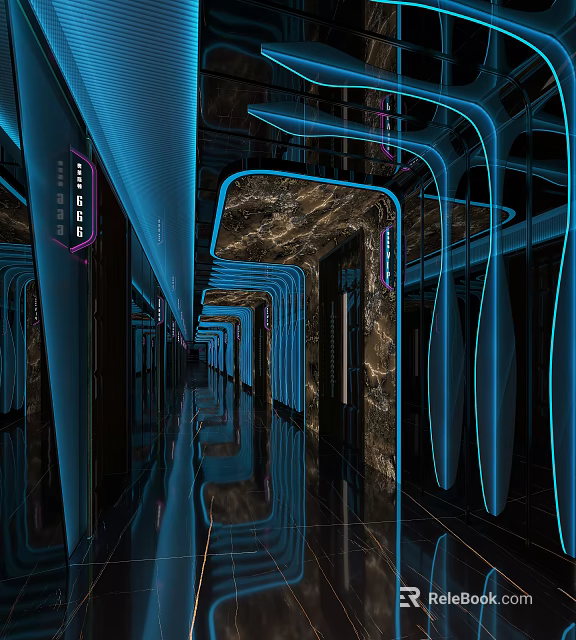 KTV Corridor Design With Modern Neon Lights Marble Walls And Reflective Floors 3d model 