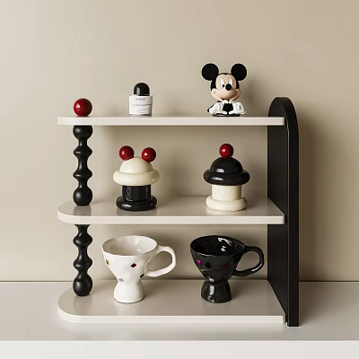Black White Decorative Ornament Set with Mickey Mouse Figurine Red Balls Mugs on Shelf 3d model
