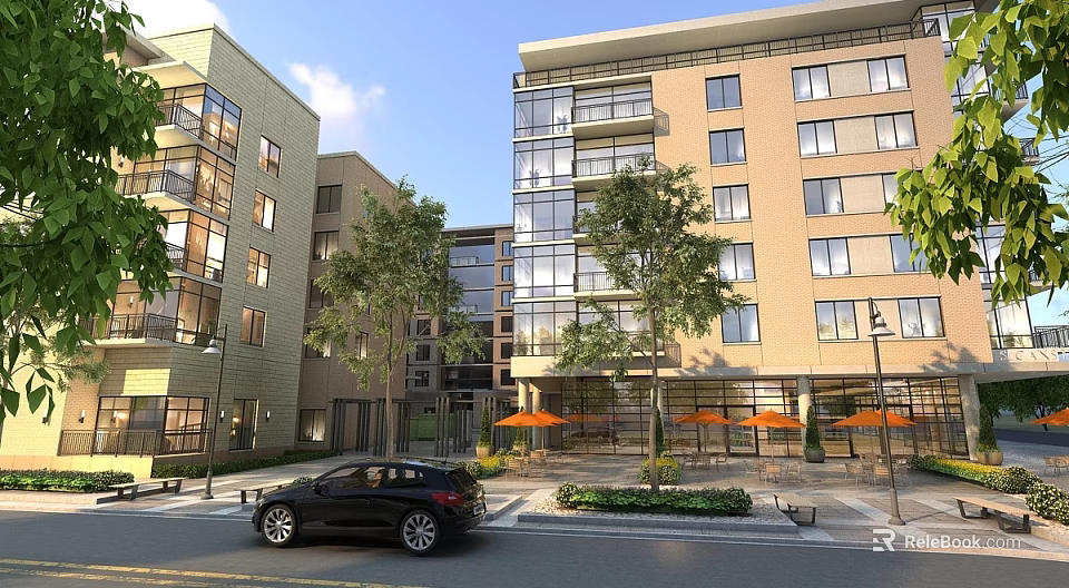 Aerial View Planning of Modern Multi Story Apartment Community With Outdoor Trees and Vehicles 3d model 