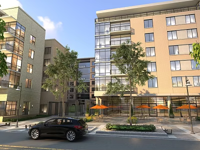 Aerial View Planning of Modern Multi Story Apartment Community With Outdoor Trees and Vehicles 3d model