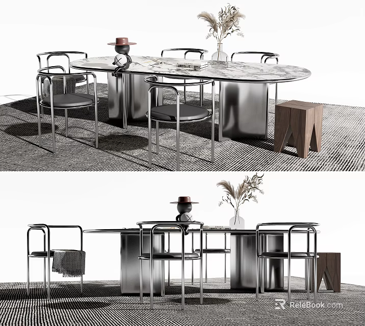 Modern Round Marble Dining Table With Metal Chairs And Decorative Stool 3d model 