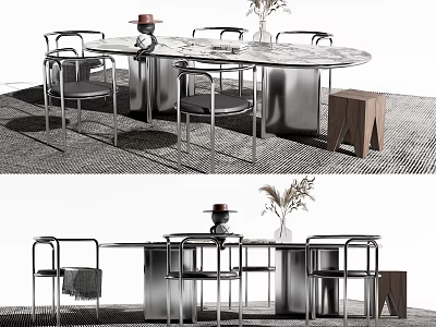 Modern Round Marble Dining Table With Metal Chairs And Decorative Stool 3d model