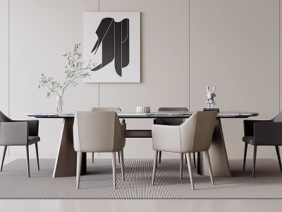 Modern Minimalist Dining Table Set With Chairs Abstract Painting And Vase Decorations 3d model