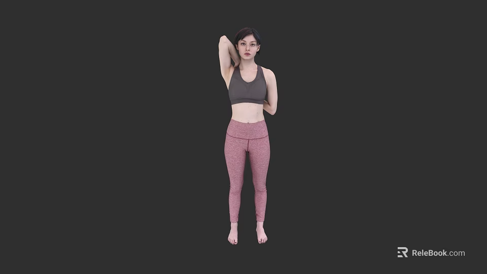 Woman In Gray Sports Bra And Pink Leggings Stretching On Black Background 3d model 