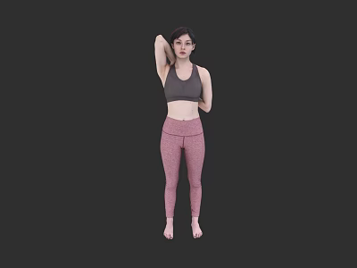 Woman In Gray Sports Bra And Pink Leggings Stretching On Black Background 3d model